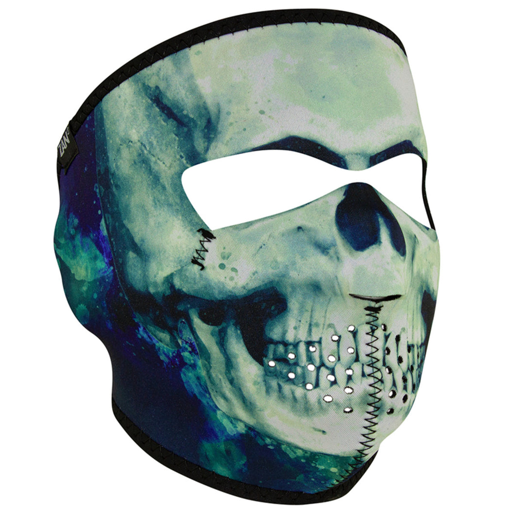 Full face riding mask with painted blue, white and green skull on front side. Can be reversed to an all black side.