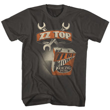 Load image into Gallery viewer, smokey gray band shirt with zz top logo and racing fuel wrench graphic
