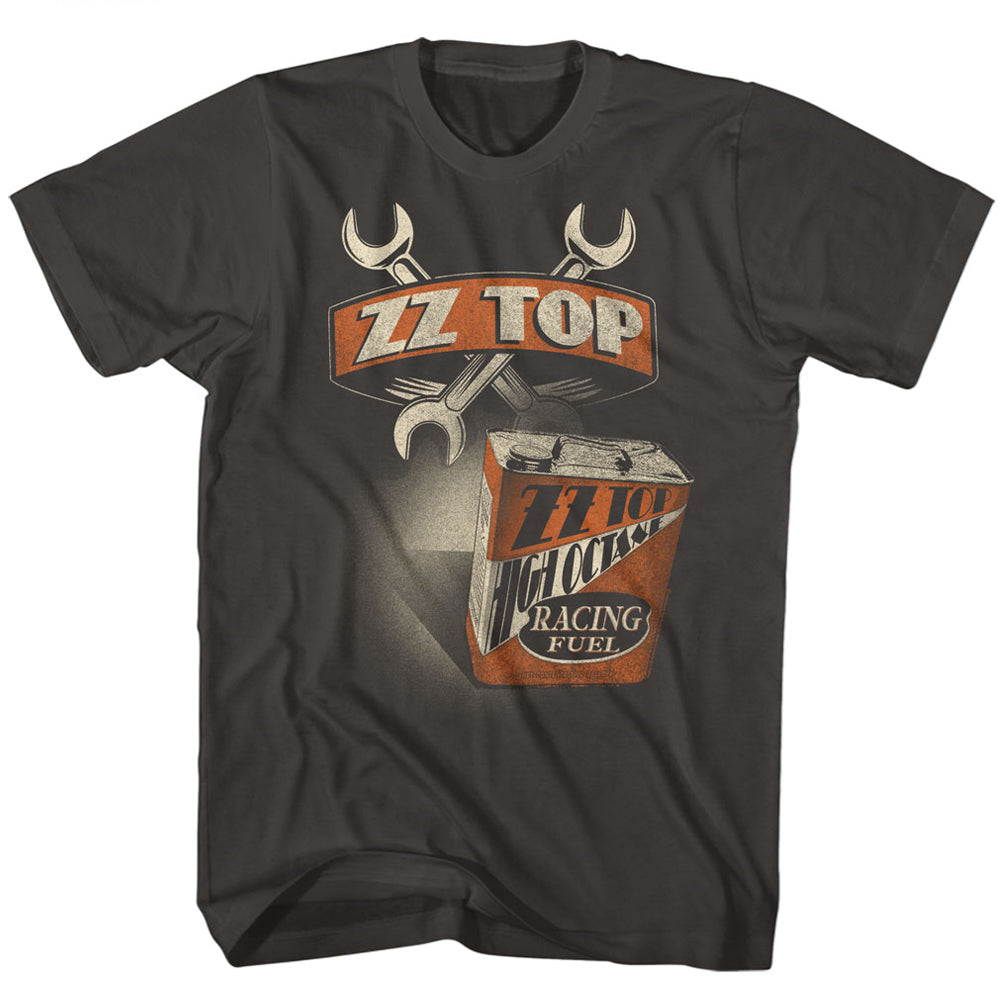 smokey gray band shirt with zz top logo and racing fuel wrench graphic
