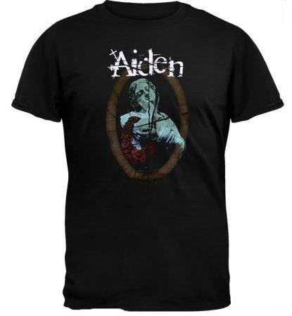 Black Aiden band shirt with statue artwork on front.