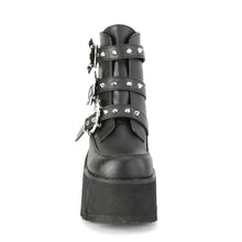 Load image into Gallery viewer, front view black unisex vegan leather chunky 3.5 inch heel ankle boot, with three straps, bat buckles and silver tree spikes across straps
