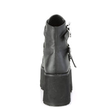 Load image into Gallery viewer, back side view black unisex vegan leather chunky 3.5 inch heel ankle boot, with three straps, bat buckles and silver tree spikes across straps
