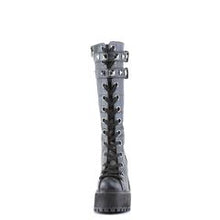 Load image into Gallery viewer, front view of black vegan leather unisex boot with 4 3/4&quot; chunky pleated heel, has two adjustable buckle straps on top with silver pyramid stud detail
