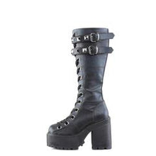 Load image into Gallery viewer, left view of black vegan leather unisex boot with 4 3/4&quot; chunky pleated heel, has two adjustable buckle straps on top with silver pyramid stud detail

