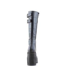 Load image into Gallery viewer, backside view of black vegan leather unisex boot with 4 3/4&quot; chunky pleated heel, has two adjustable buckle straps on top with silver pyramid stud detail
