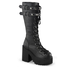 Load image into Gallery viewer, right side view of black vegan leather unisex boot with 4 3/4&quot; chunky pleated heel, has two adjustable buckle straps on top with silver pyramid stud detail
