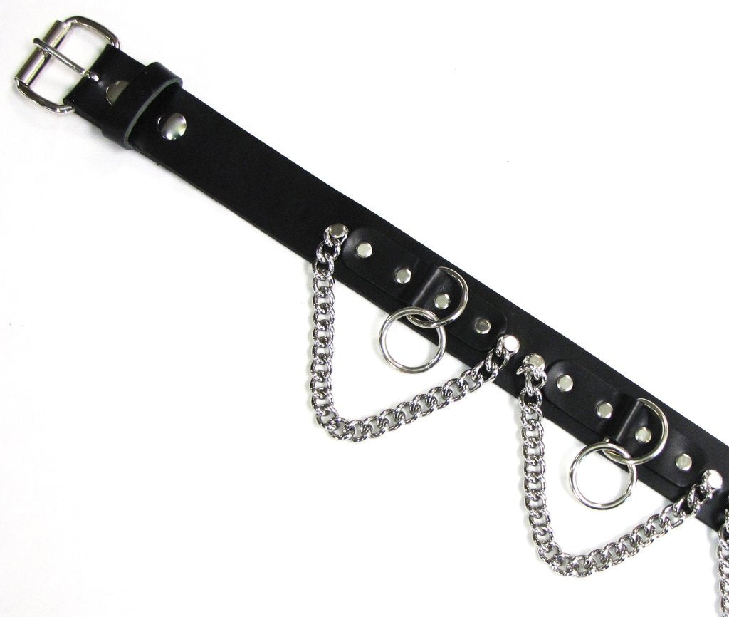 black bondage belt with silver hanging o rings and silver hanging chain