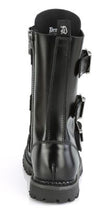 Load image into Gallery viewer, back side view of Real black leather, 12 Eyelet, steel toe lace-up triple buckle ankle boot with rubber sole and full length inside zip closure.
