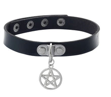 Load image into Gallery viewer, Black vegan leather choker with silver hanging pentagram.
