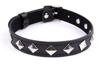 Load image into Gallery viewer, Silver pyramid studs placed with corners up to look like diamond shapes on black vegan leather choker.
