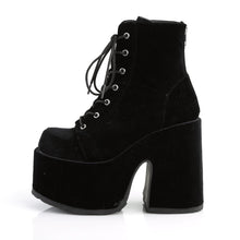 Load image into Gallery viewer, left side view of black velvet super chunky 5 inch heel 3 inch platform 7 eyelet lace-up front with full back zipper
