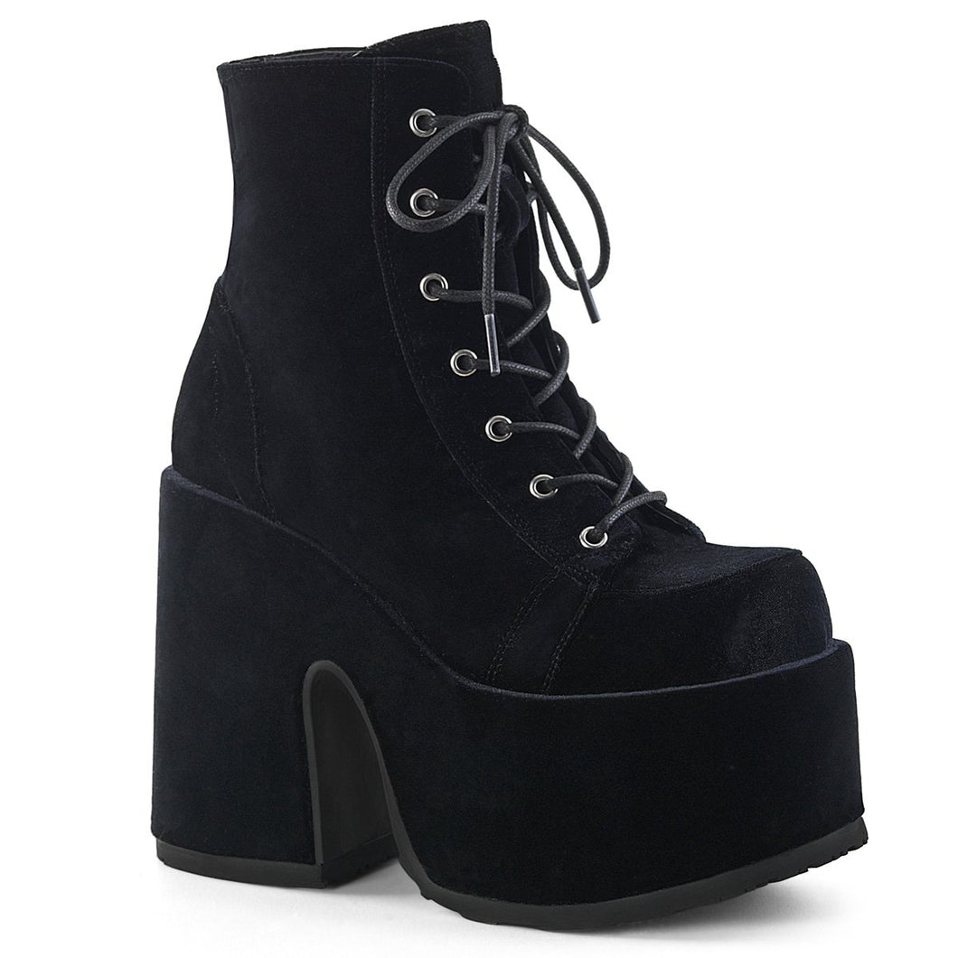 right side view of black velvet super chunky 5 inch heel 3 inch platform 7 eyelet lace-up front with full back zipper
