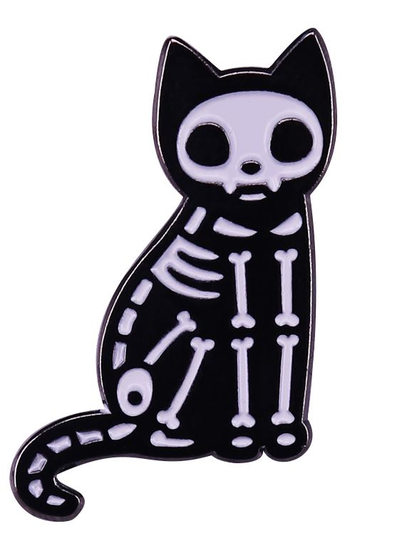 Zinc alloy black and white skeleton cat pin.