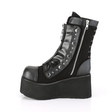 Load image into Gallery viewer, left side of black vegan leather mid calf 3.5 inch wedge platform boot with front snap-on stretch panel that has a zipper with large O ring pull tab, which hides laces. also has lace up back. inside left full zipper
