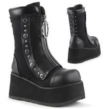 Load image into Gallery viewer, right and back side view of black vegan leather mid calf 3.5 inch wedge platform boot with front snap-on stretch panel that has a zipper with large O ring pull tab, which hides laces. also has lace up back
