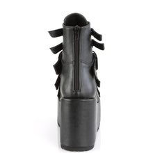 Load image into Gallery viewer, back side view of black vegan leather ankle boot with 4 1/4&quot; platform. boot has 5 adjustable straps from top to bottom. back side has full zipper
