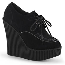 Load image into Gallery viewer, right side view of black vegan leather suede 5 1/4&quot; wedge platform oxford creeper lace up shoe
