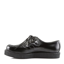 Load image into Gallery viewer, left side view of black leather 1&quot; platform Gothic rockabilly punk black leather creeper with front top weaving design and lace up front

