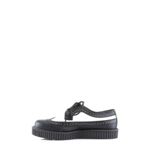 Load image into Gallery viewer, left side view of real leather 1&quot; platform Rockabilly Punk Oxford Creeper with Black upper, white center, and black bottom to create a tuxedo look
