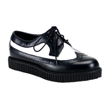 Load image into Gallery viewer, right side view of real leather 1&quot; platform Rockabilly Punk Oxford Creeper with Black upper, white center, and black bottom to create a tuxedo look
