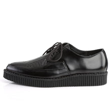 Load image into Gallery viewer, left side view of real black leather pointed toe oxford creeper show with 1 1/4&quot; platform

