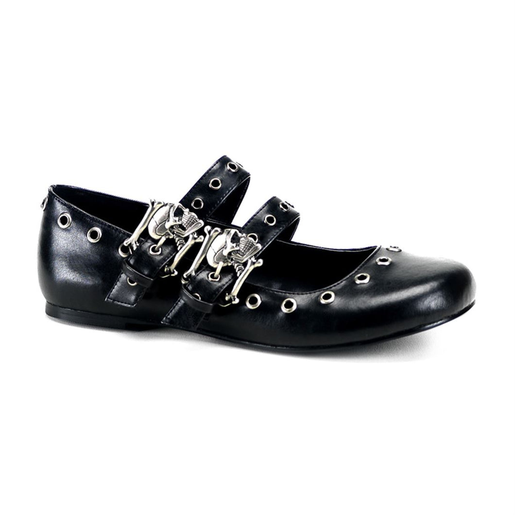 right side view of black vegan leather Ballet Flat Double Strap Mary Jane with Skull Buckle Eyelet Detailing on two adjustable straps that go over the top of the foot
