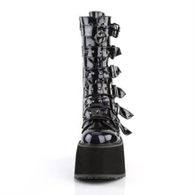 Load image into Gallery viewer, front side view of black oil slick vinyl pvc 3.5&quot; platform lace-up front Mid-calf boot Features 6 cone-studded buckle straps and Inside metal zip closure

