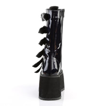 Load image into Gallery viewer, back side view of black oil slick vinyl pvc 3.5&quot; platform lace-up front Mid-calf boot Features 6 cone-studded buckle straps and Inside metal zip closure
