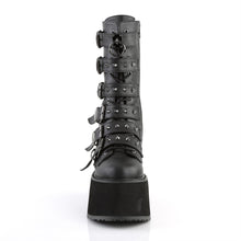 Load image into Gallery viewer, front side view of black Vegan leather 3.5&quot; platform lace-Up front mid-calf boot Features 6 cone-studded buckle straps and Inside metal zip closure
