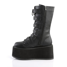 Load image into Gallery viewer, left side view of black Vegan leather 3.5&quot; platform lace-Up front mid-calf boot Features 6 cone-studded buckle straps and Inside metal zip closure
