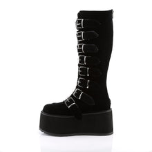 Load image into Gallery viewer, left side view of black vegan velvet suede 3.5&quot; platform knee high boot Features 8 buckle straps w/ metal plates at center and back metal zip closure
