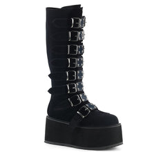 Load image into Gallery viewer, right side view of black vegan velvet suede 3.5&quot; platform knee high boot Features 8 buckle straps w/ metal plates at center and back metal zip closure

