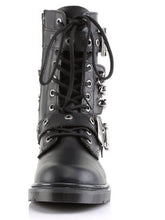 Load image into Gallery viewer, front side view of black vegan leather 1&quot; heel 10 eyelet goth punk military combat boot with buckles and chains with full inner side zipper

