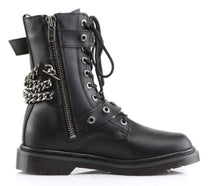 Load image into Gallery viewer, inside view of black vegan leather 1&quot; heel 10 eyelet goth punk military combat boot with buckles and chains with full inner side zipper

