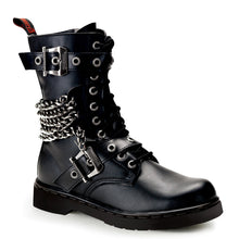 Load image into Gallery viewer, right side view of black vegan leather 1&quot; heel 10 eyelet goth punk military combat boot with buckles and chains with full inner side zipper
