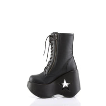 Load image into Gallery viewer, left side view of black vegan leather 5&quot; Star cut-out wedge platform with lace-up front ankle boot Features exposed ornamental zipper and studs at outer side with Inside zip closure
