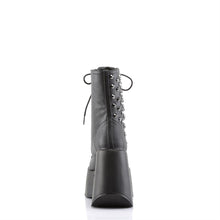 Load image into Gallery viewer, back side view of black vegan leather 5&quot; Star cut-out wedge platform with lace-up front ankle boot Features exposed ornamental zipper and studs at outer side with Inside zip closure
