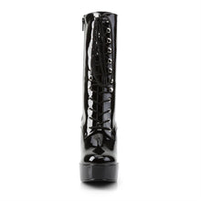 Load image into Gallery viewer, front side view of black vinyl 5&quot; stack heel with 1 1/2&quot; platform Lace-up front ankle boot with full inner side zipper
