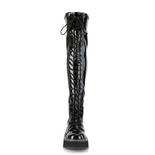 Load image into Gallery viewer, front side view of black patent vinyl 2&quot; platform Straight thigh-high lace-up boot with outer metal zipper
