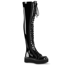 Load image into Gallery viewer, outer side view of black patent vinyl 2&quot; platform Straight thigh-high lace-up boot with outer metal zipper
