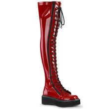 Load image into Gallery viewer, outer side view of red patent vinyl 2&quot; platform Straight thigh-high lace-up boot with outer metal zipper
