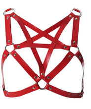 Load image into Gallery viewer, front of Red vegan leather inverted pentagram harness with O rings and adjustable straps at the back.
