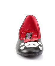 Load image into Gallery viewer, front view of Black vegan leather flats with skull and crossbone with red bow on front center of toe and cross bones on back left/right of shoe.
