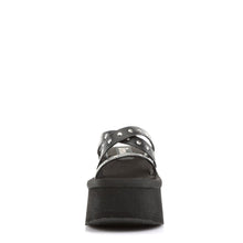 Load image into Gallery viewer, front side view of black Vegan leather 3 1/2&quot; platform Sandal with three studded straps
