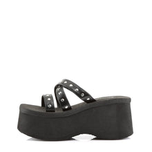 Load image into Gallery viewer, inner side view of black Vegan leather 3 1/2&quot; platform Sandal with three studded straps
