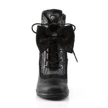 Load image into Gallery viewer, front view of Black vegan leather 3 3/4&quot; Heel 1/2&quot; Platform Lace-up front Ankle boot with lace overlay on vamp Featuring puffy heart &amp; lace bow detail with inner side zipper
