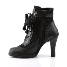 Load image into Gallery viewer, inner side view of Black vegan leather 3 3/4&quot; Heel 1/2&quot; Platform Lace-up front Ankle boot with lace overlay on vamp Featuring puffy heart &amp; lace bow detail with inner side zipper
