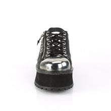 Load image into Gallery viewer, front side view of black vegan leather 2 3/4&quot; platform Silver chrome plated metal toe cap Lace-up oxford w/ ornamental double metal zippers w/ lightening bolt zipper head Pyramid shaped plates on heel &amp; tongue with cone stud detailing
