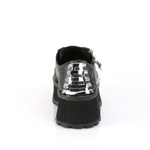 Load image into Gallery viewer, back side view of black vegan leather 2 3/4&quot; platform Silver chrome plated metal toe cap Lace-up oxford w/ ornamental double metal zippers w/ lightening bolt zipper head Pyramid shaped plates on heel &amp; tongue with cone stud detailing

