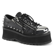 Load image into Gallery viewer, outer side view of black vegan leather 2 3/4&quot; platform Silver chrome plated metal toe cap Lace-up oxford w/ ornamental double metal zippers w/ lightening bolt zipper head Pyramid shaped plates on heel &amp; tongue with cone stud detailing
